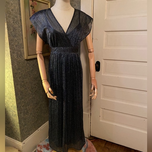 Moulinette Souers Anthropologie metallic shimmer evening dress blue black sz 0 - Picture 2 of 11
